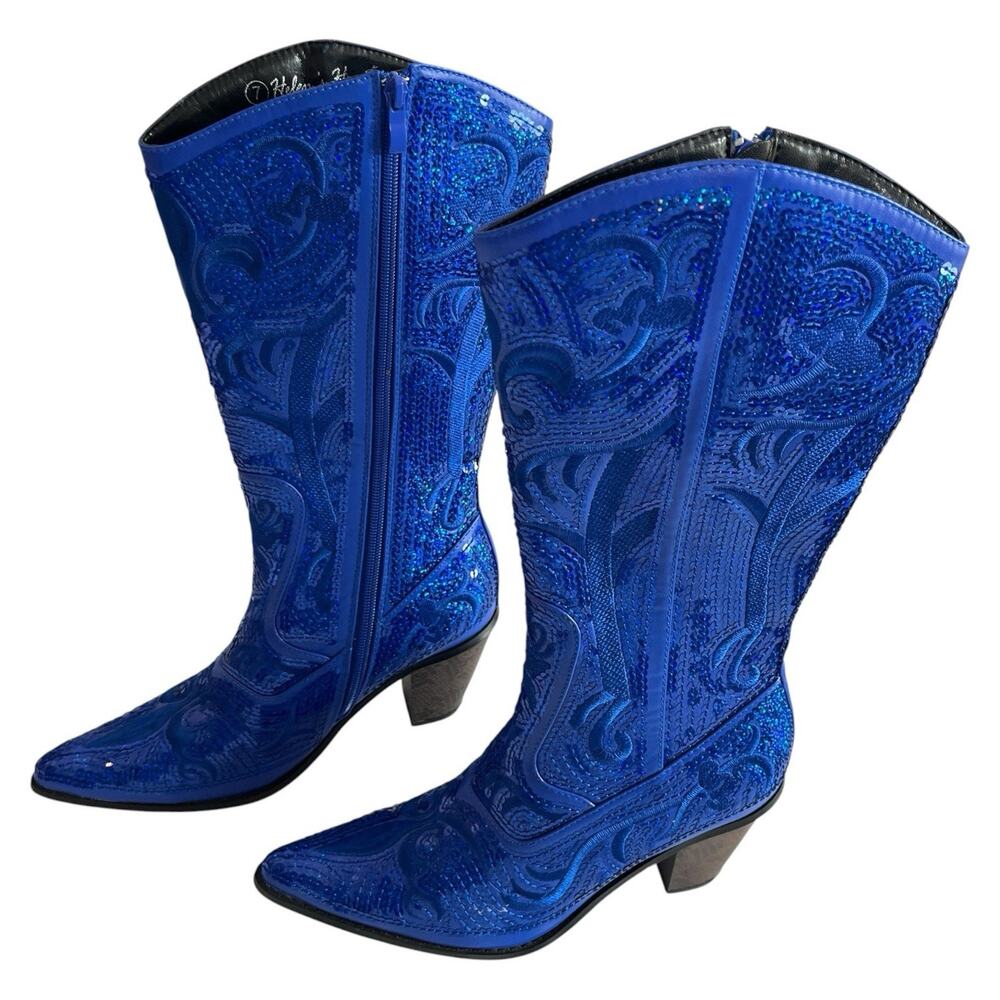 Helen’s Heart Royal Blue Sequin Zip Cowgirl Boots Sz 7 Fancy Line Dance Festival